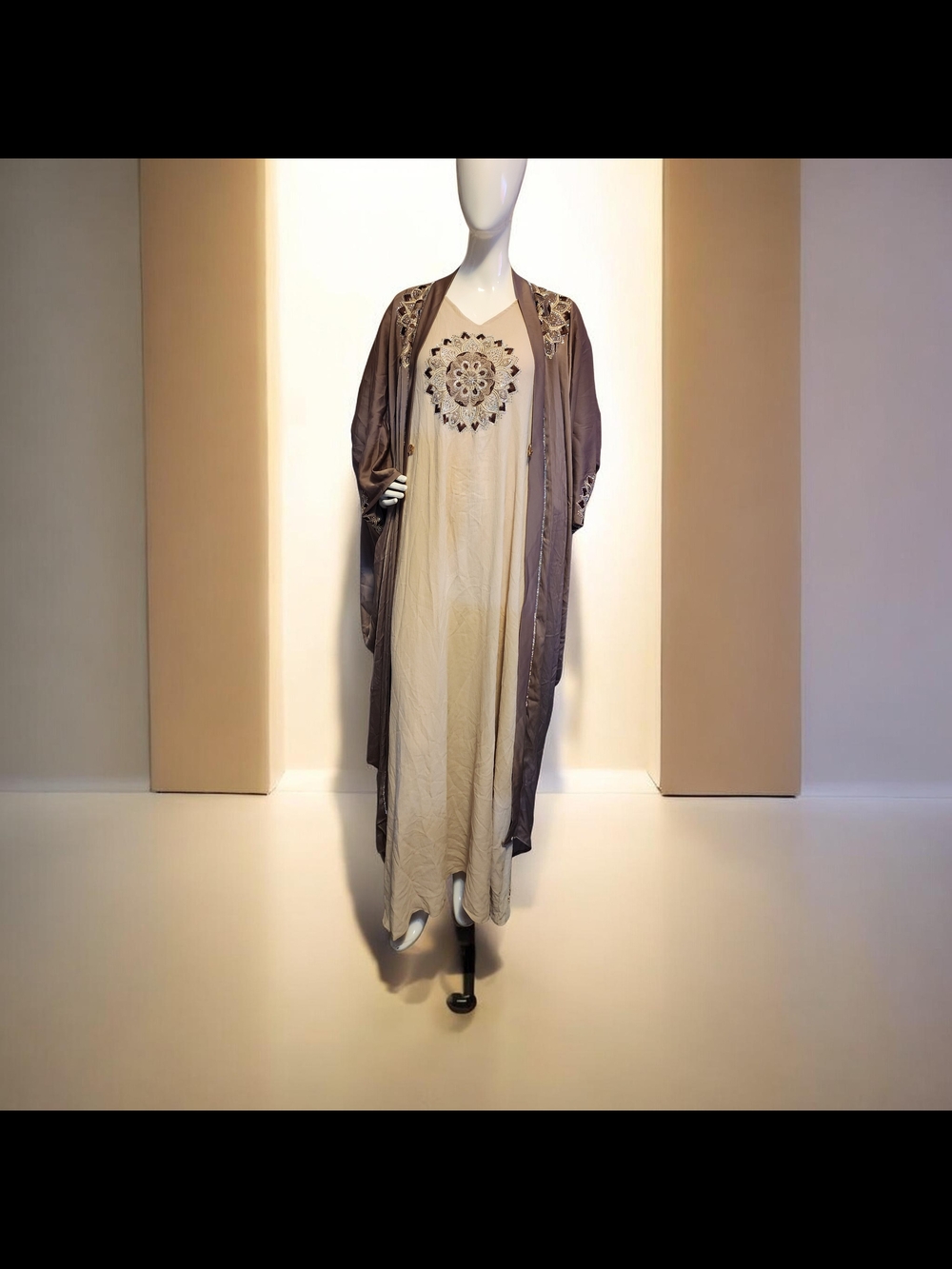 Embroidered Beige Maxi Dress with Taupe Open Kimono